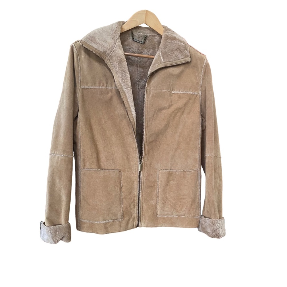 Real suede leather minimalist jacket with faux Sherpa lining